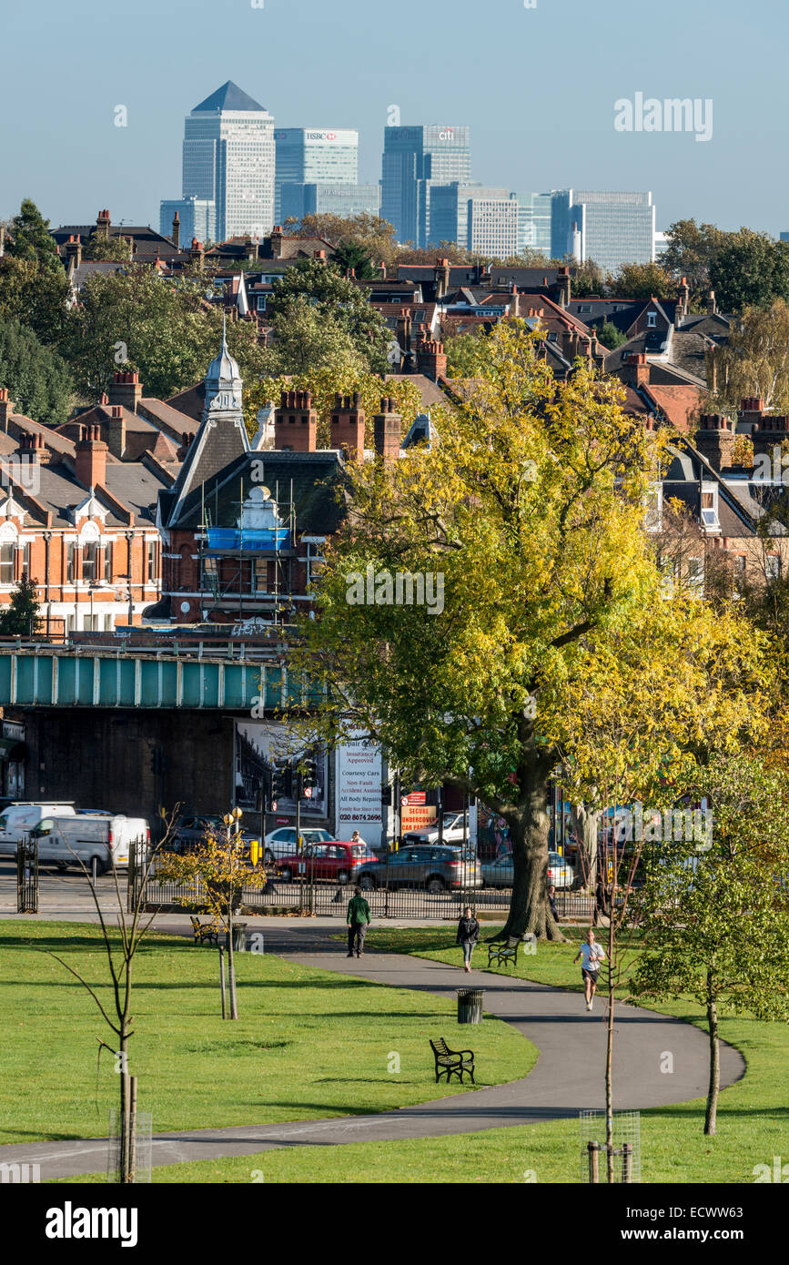 Looking across Brockwell Park to Herne Hill providing views of Canary Wharf, the second financial district of London Stock Photo