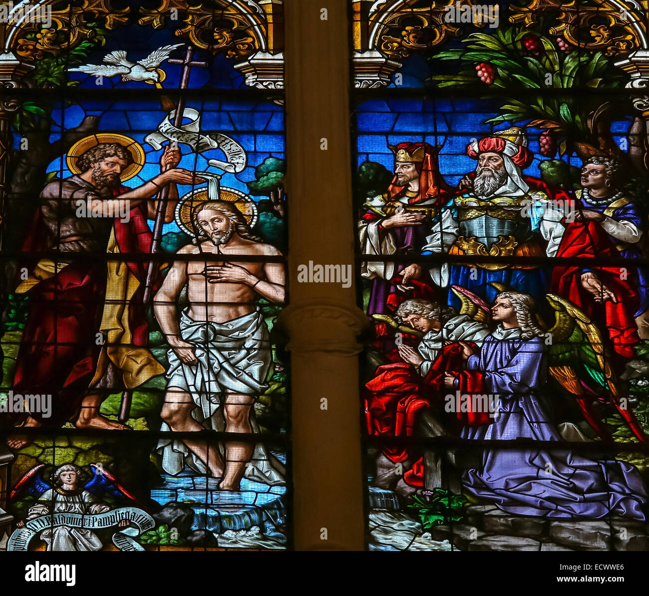Stained glass window depicting the Baptism of Jesus by Saint John in the cathedral of Burgos Stock Photo