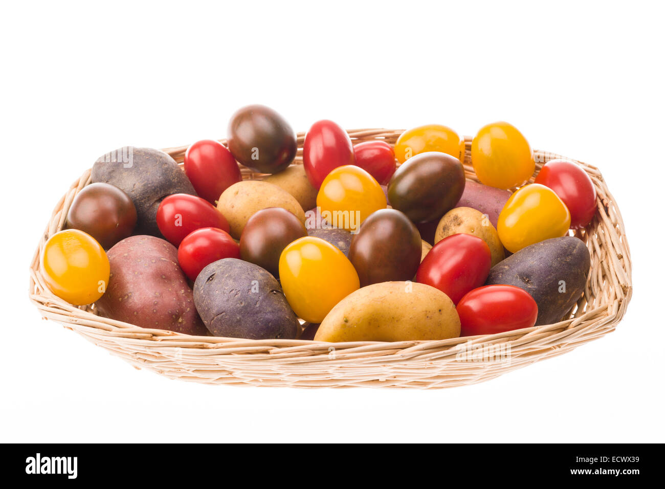 Different coloured potato and tomato varieties Stock Photo