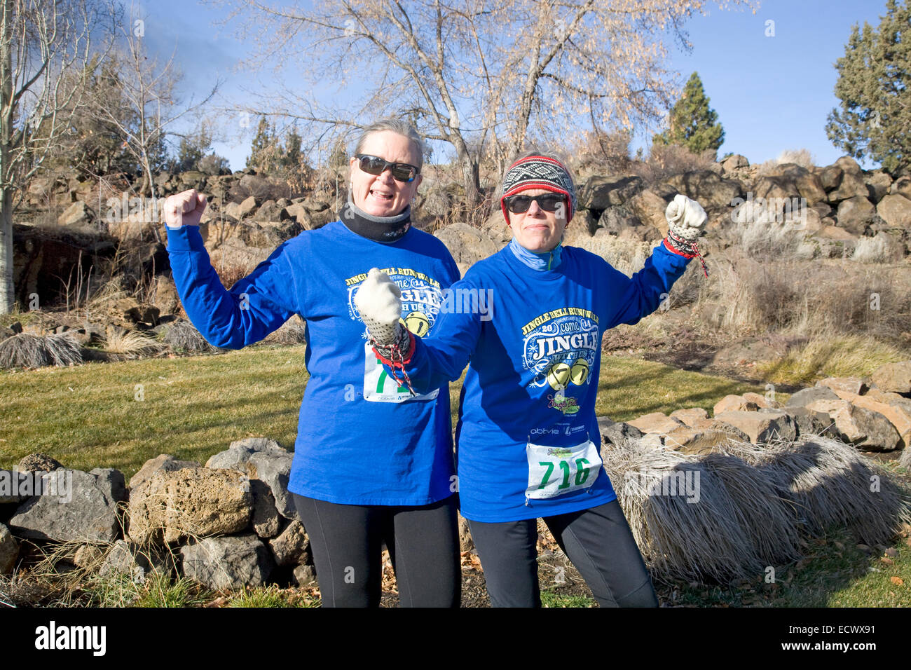 Two middle-aged women preparing to run a half-marathon race in Bend, Oregon Stock Photo