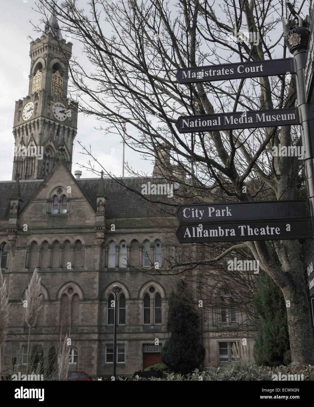 Bradford City Hall, direction signs to the rear in Norfolk Gardens Stock Photo Alamy