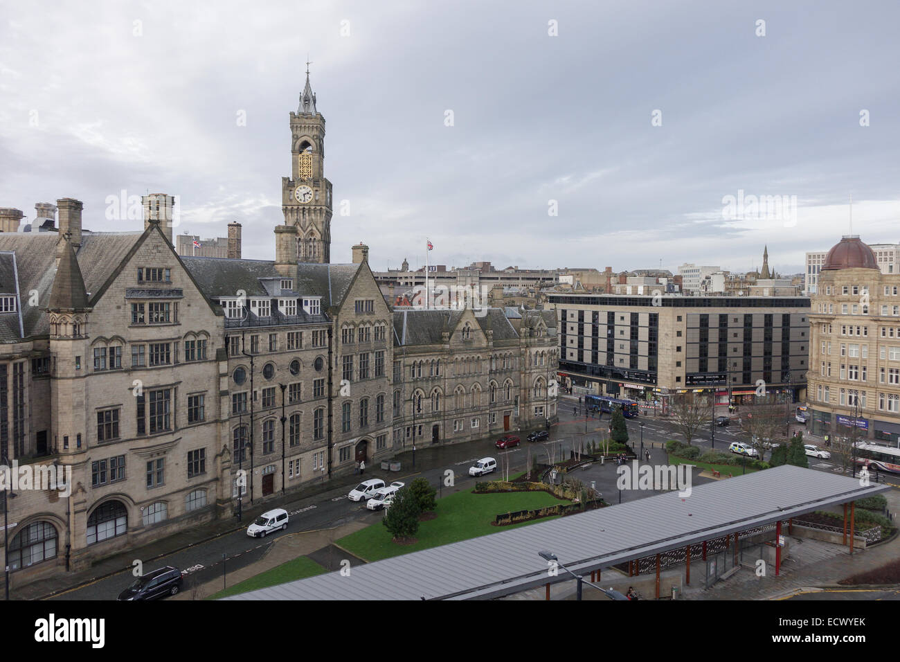 Bradford City Hall rooftop view of rear in Hall Ings Stock Photo