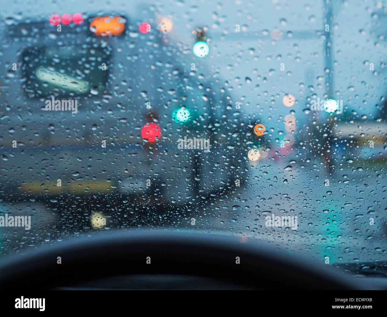 Poor visibility driving conditions in heavy rain; drivers point of view Stock Photo