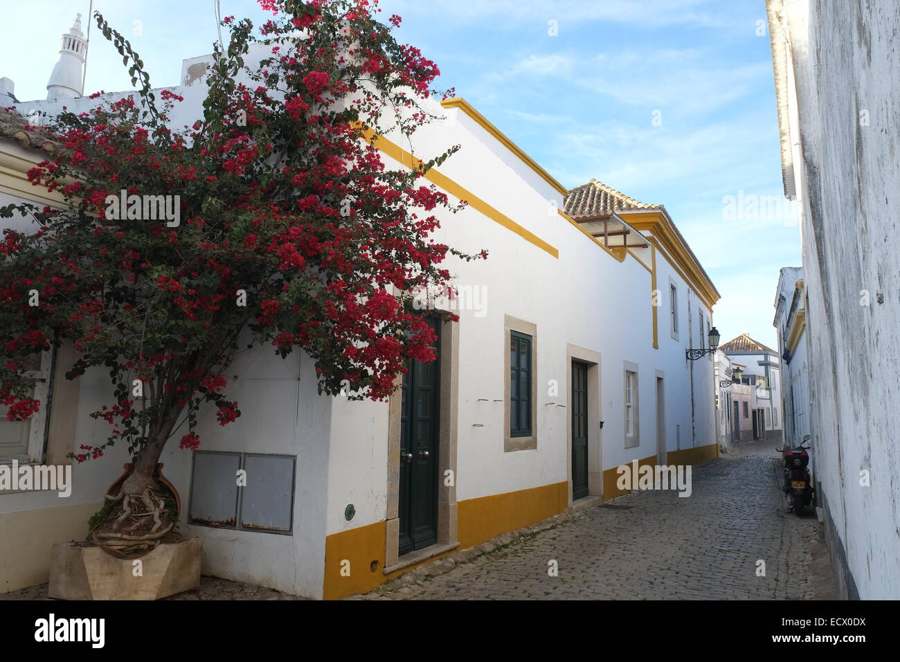 Street of Faro's old town, Algarvian architecture, bougainvillea, street lamp and chimney Stock Photo