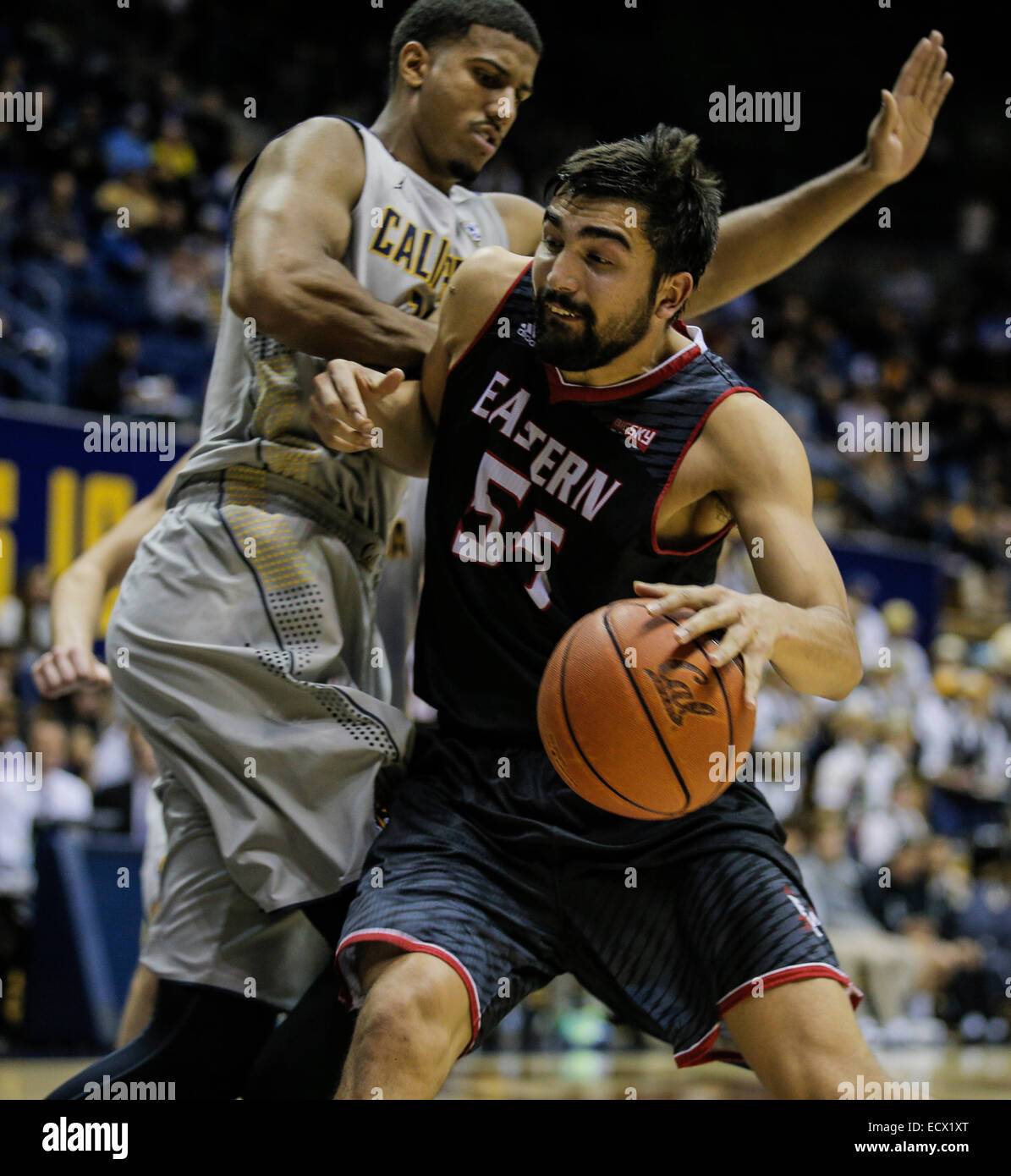 Berkeley, California, USA. 19th Dec, 2014. E. Washington F # 55 Venky Jois and Cal # 14 Christian Behrens battle in the paint during NCAA Men's Basketball game between Eastern Washington Eagles and California Golden Bears 67-78 lost at Hass Pavilion Berkeley Calif. Credit:  csm/Alamy Live News Stock Photo
