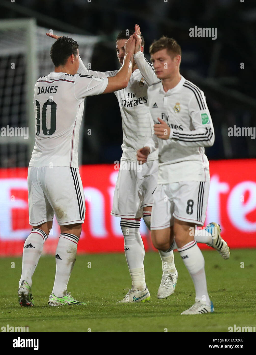Marrakesh, Morocco. 20th Dec, 2014. FIFA World Club Cup. Final. Real Madrid versus San Lorenzo. Real Madrid defender Sergio Ramos (4) and Real Madrid midfielder James Rodriguez (10) celebrate the first goal. Credit:  Action Plus Sports/Alamy Live News Stock Photo