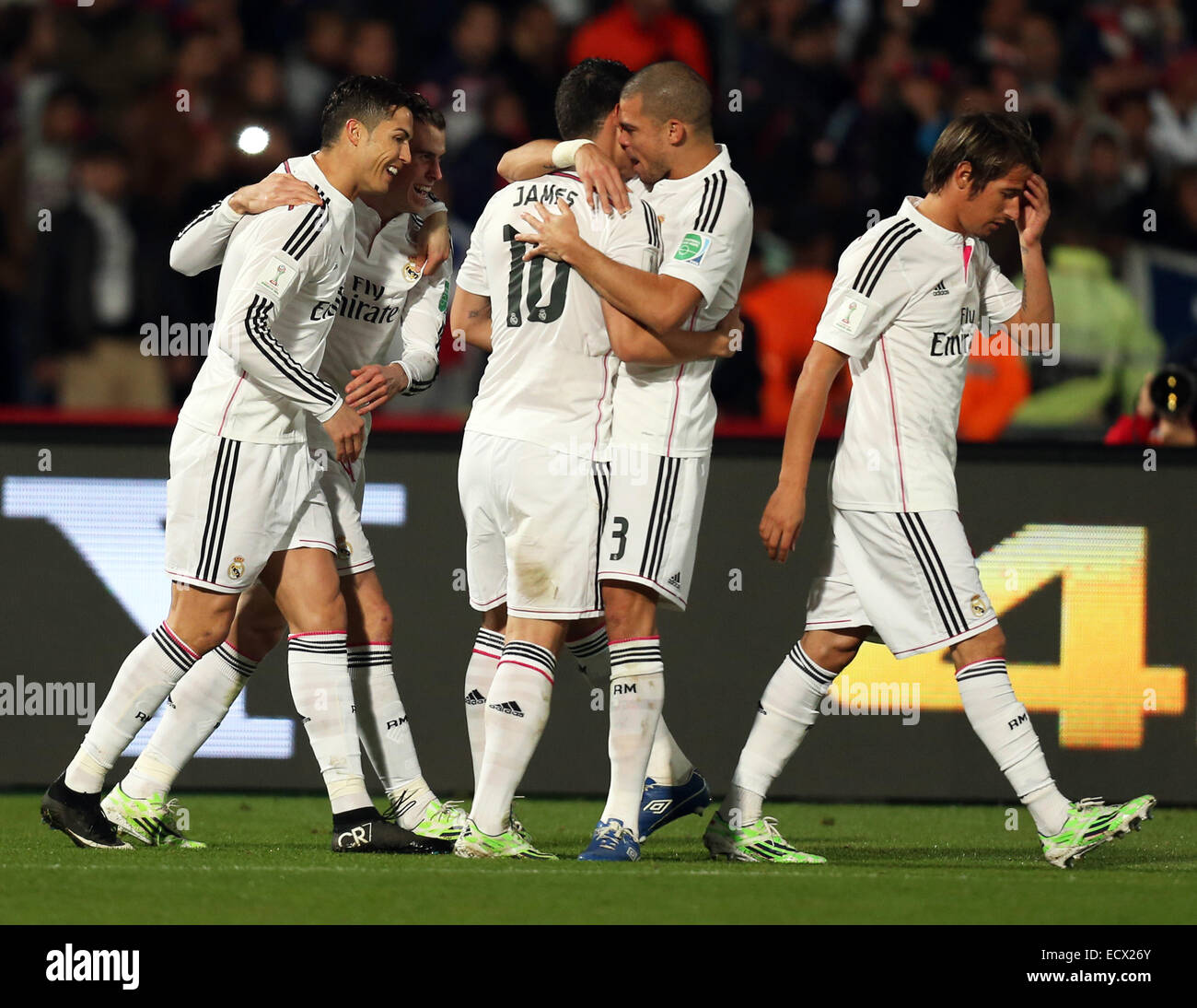 Marrakesh, Morocco. 20th Dec, 2014. FIFA World Club Cup. Final. Real Madrid versus San Lorenzo. Real Madrid midfielder Gareth Bale (11) celebrates with his team mates for the second goal. Credit:  Action Plus Sports/Alamy Live News Stock Photo