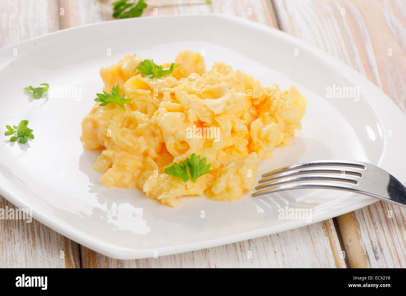 Scrambled eggs with fresh herbs. Selective focus Stock Photo - Alamy