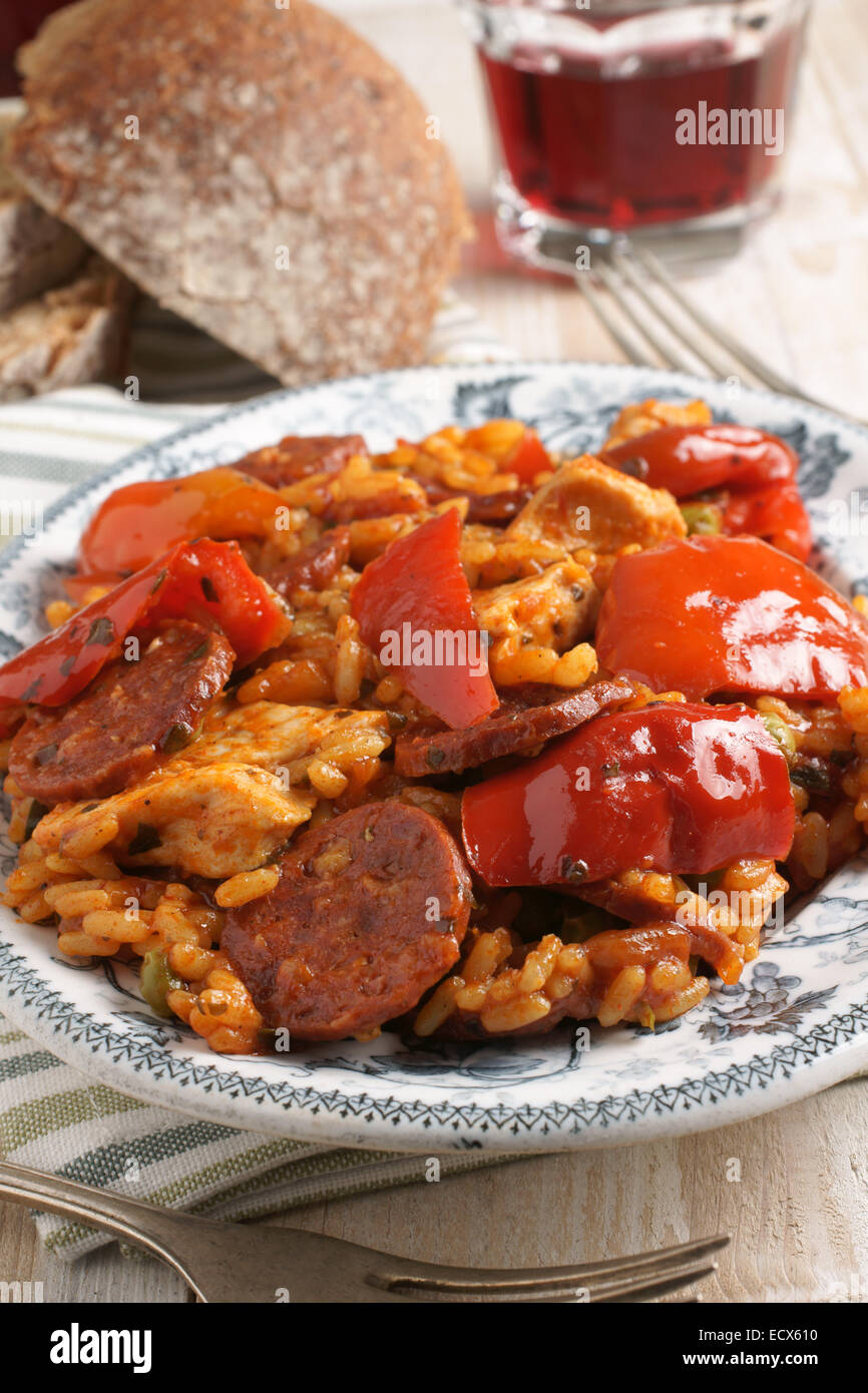 Chicken and Chorizo Paella a rice dish flavoured with paprika and peppers Stock Photo