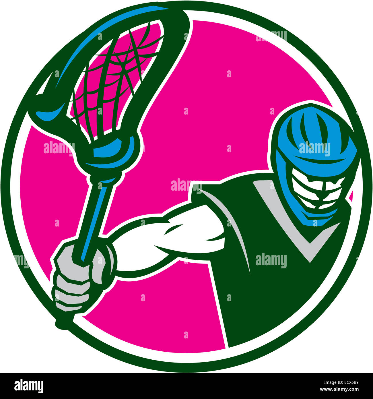 Illustration of a lacrosse player holding a crosse or lacrosse stick viewed from front set