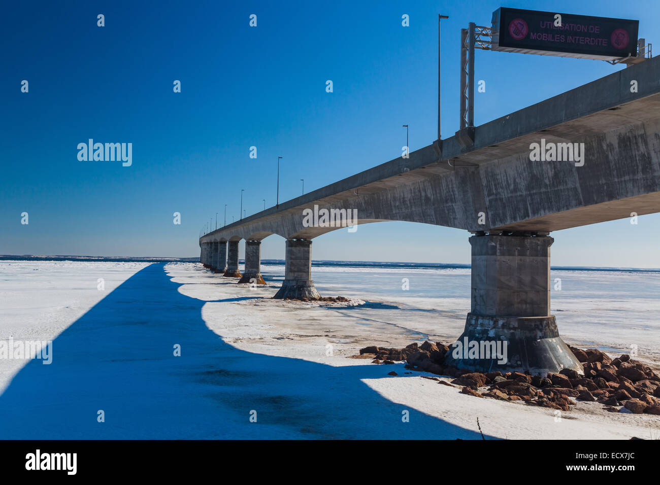 A winter view of the Confederation Bridge that links Prince Edward Island, Canada with mainland New Brunswick. Stock Photo