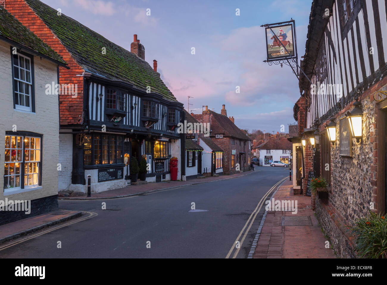 Evening on High Street in Alfriston, East Sussex, England. Stock Photo