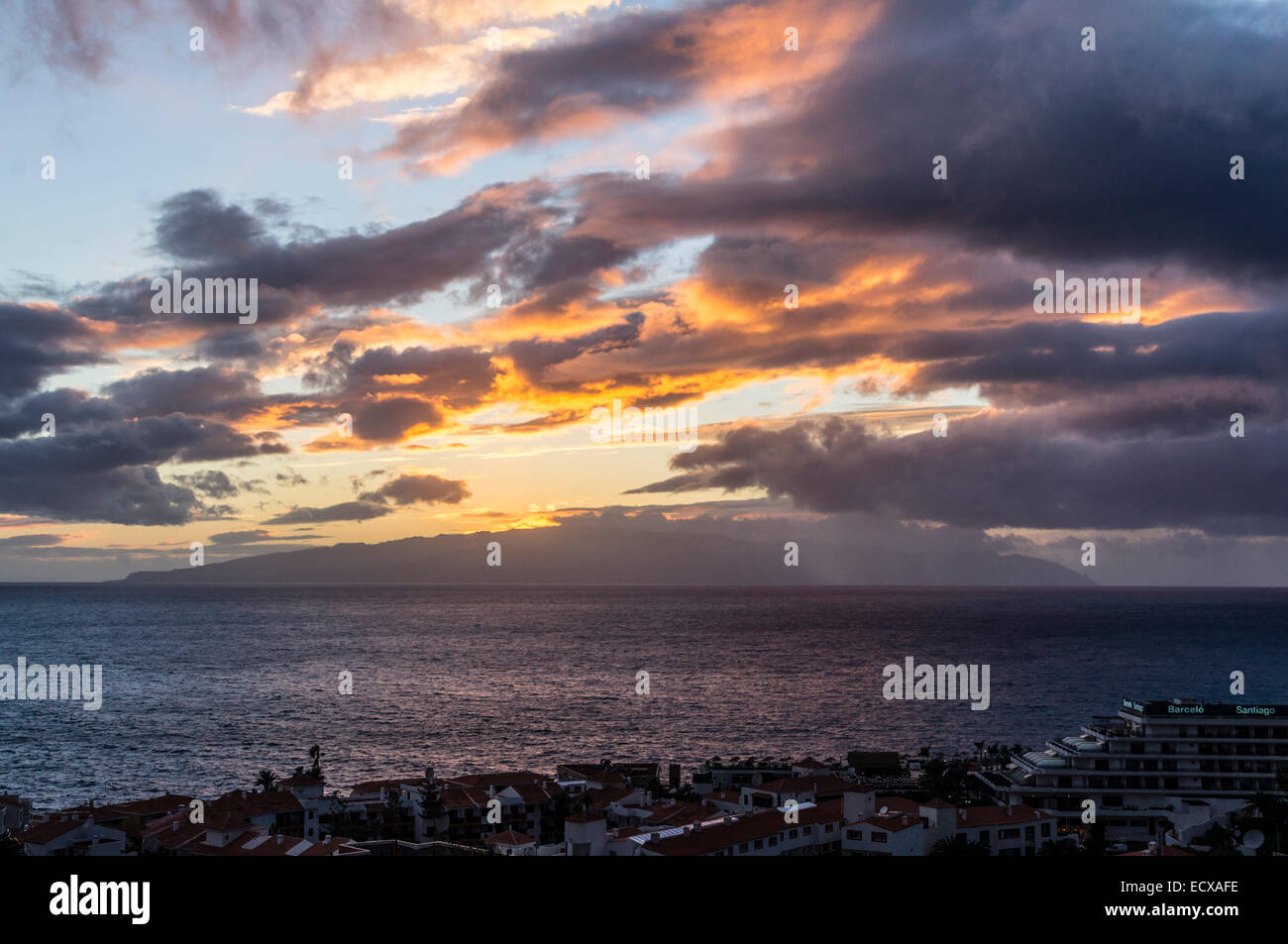 Tenerife - sunset view of La Gomera island seen from Puerto Santiago Stock Photo