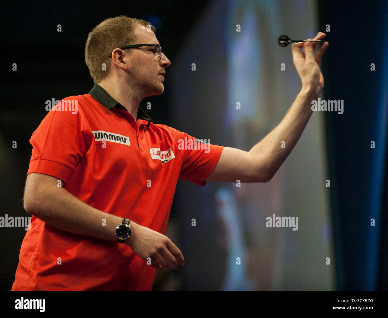 London, UK. 21st Dec, 2014. William Hill PDC World Darts Championship. Mark Webster (31) [WAL] in action during his game with Ron Meulenkamp [NED] Credit:  Action Plus Sports/Alamy Live News Stock Photo