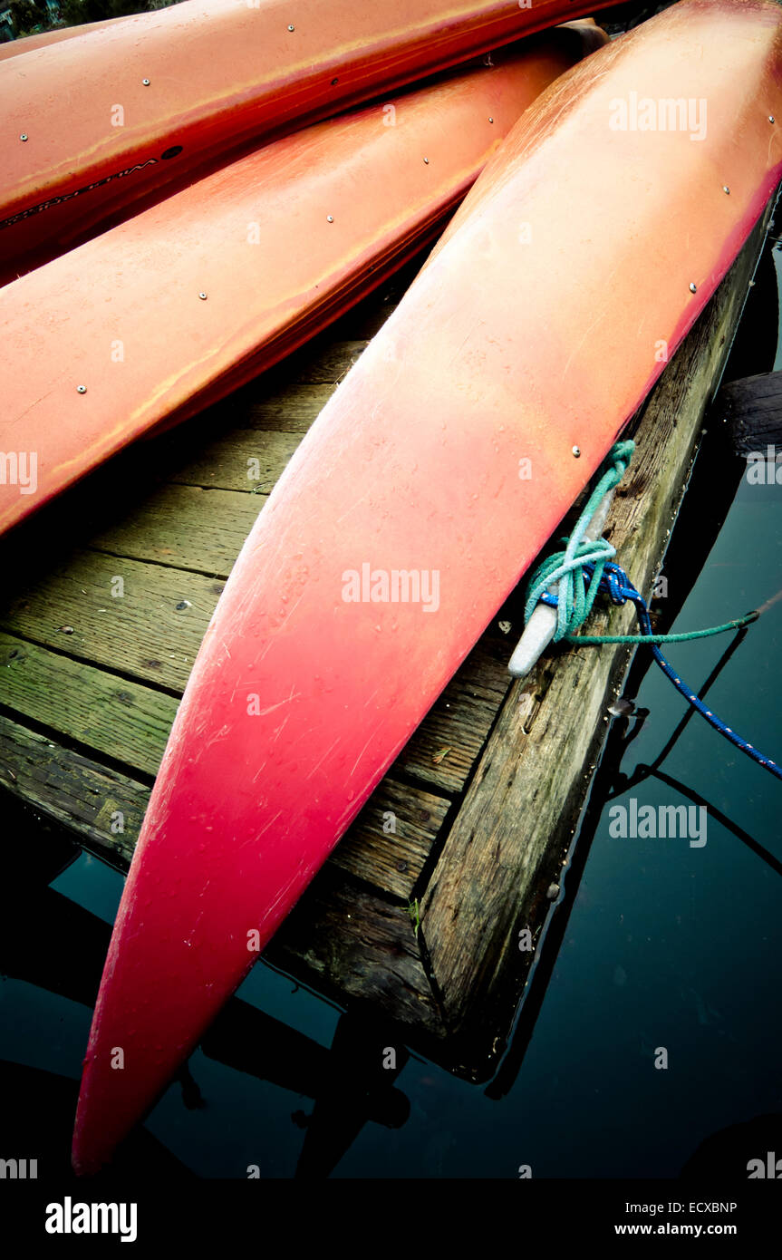 Kayaks on a dock in Port Ludlow, Washington, USA Stock Photo