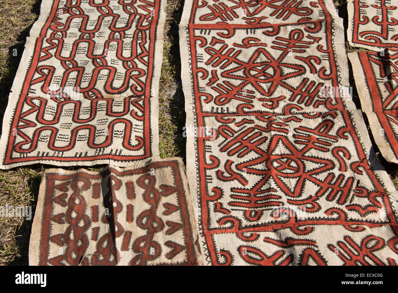 Melanesia, Papua New Guinea, Tufi. Traditional handmade tapa cloth, made from the paper mulberry tree, hand painted. Stock Photo