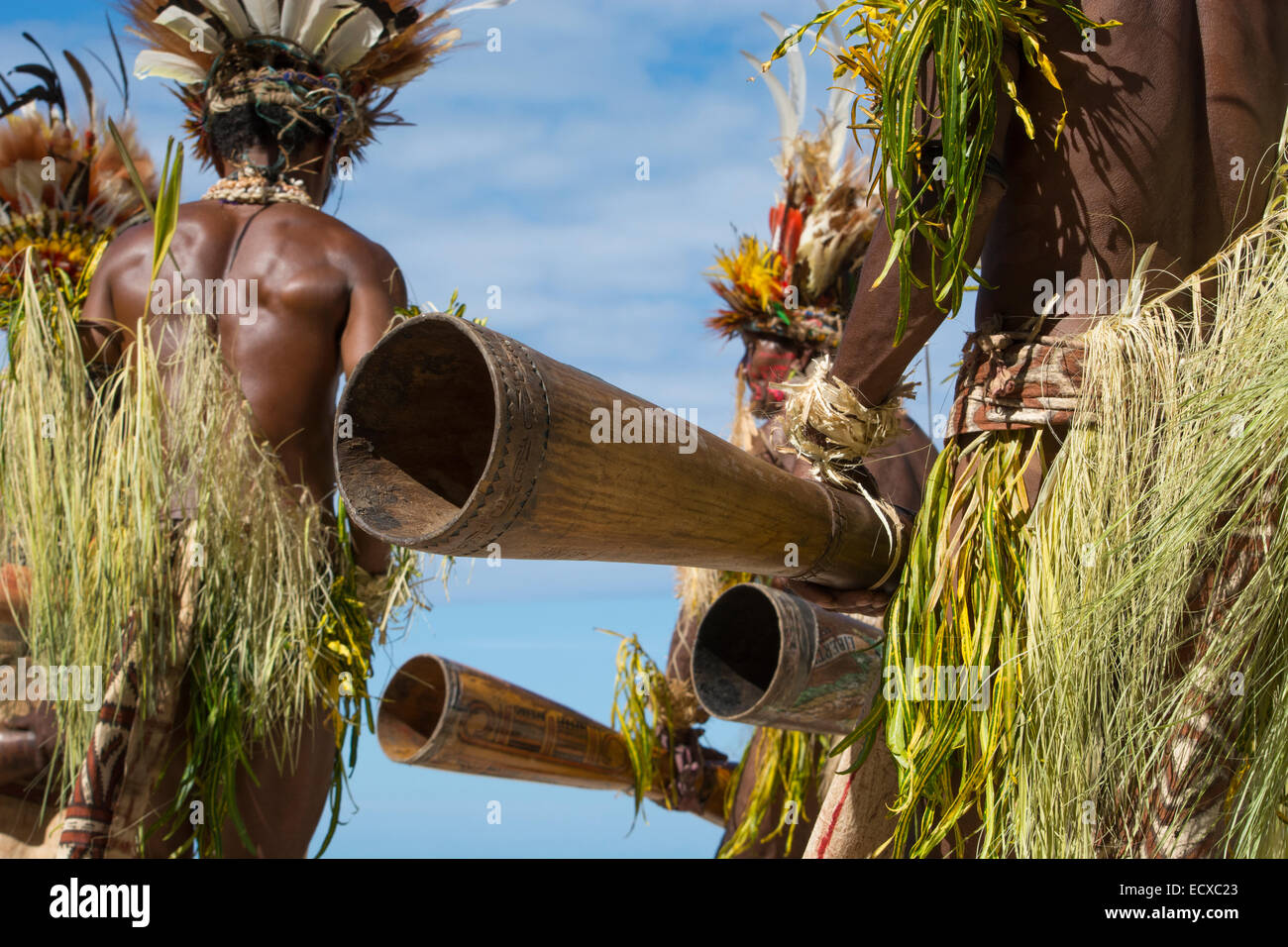 Papua New Guinea, Tufi. Traditional sing-sing, men with drums dressed in native attire. Men in costume with wooden drums. Stock Photo