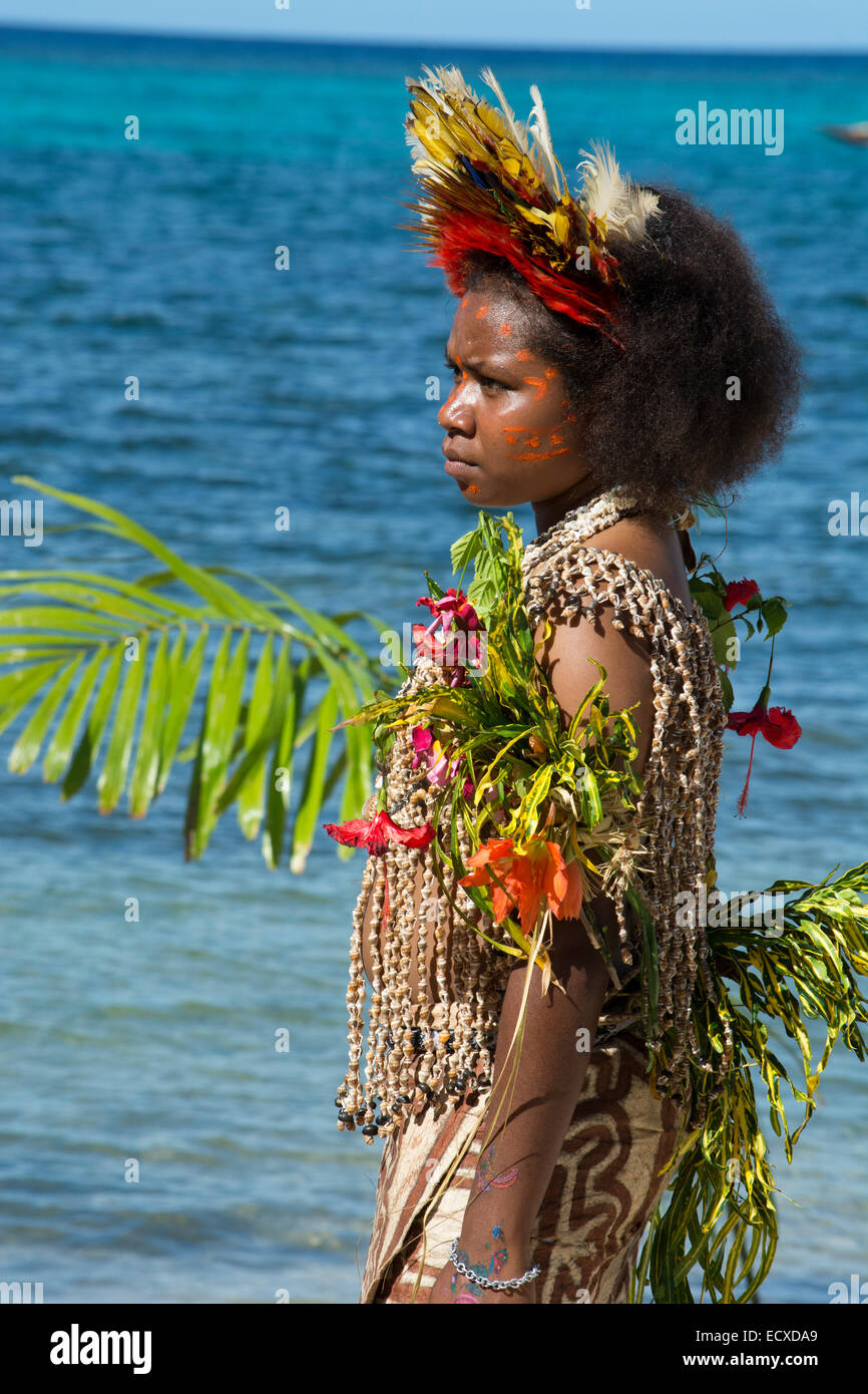Melanesia, Papua New Guinea, Tufi. Young woman in traditional sing-sing native attire. Stock Photo