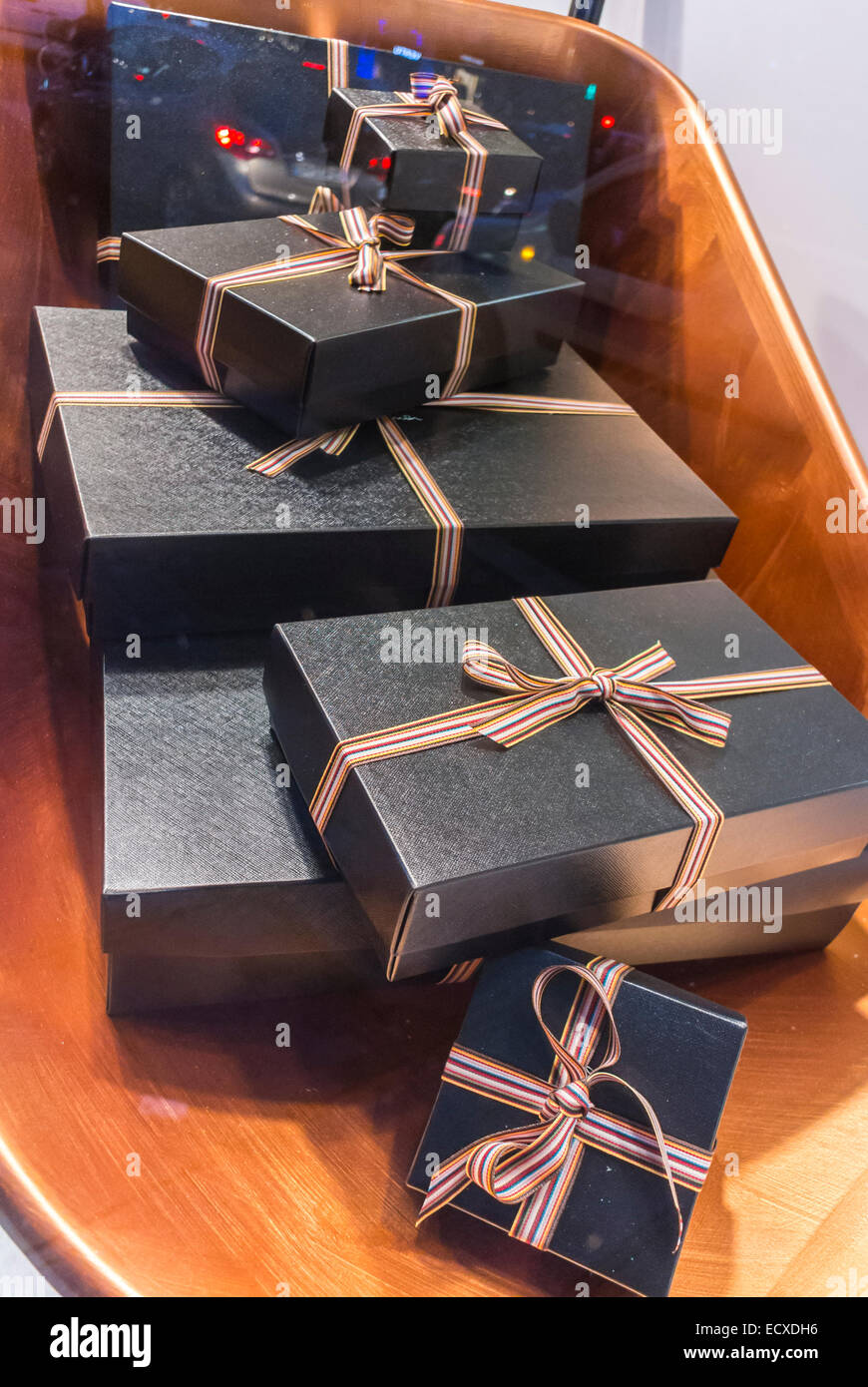 Detail wrapped gift boxes display window hires stock photography and