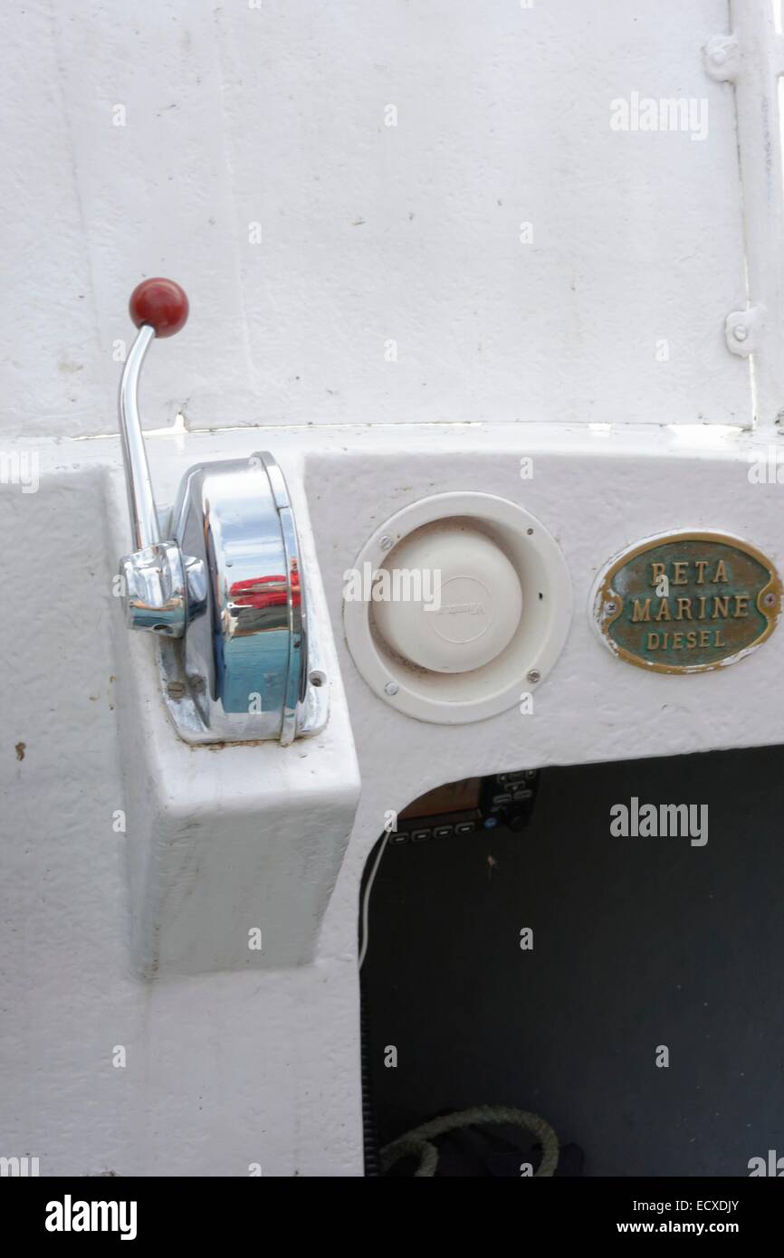 Morse control unit [ throttle and gear lever combined ] on a sailing club launch Stock Photo Alamy