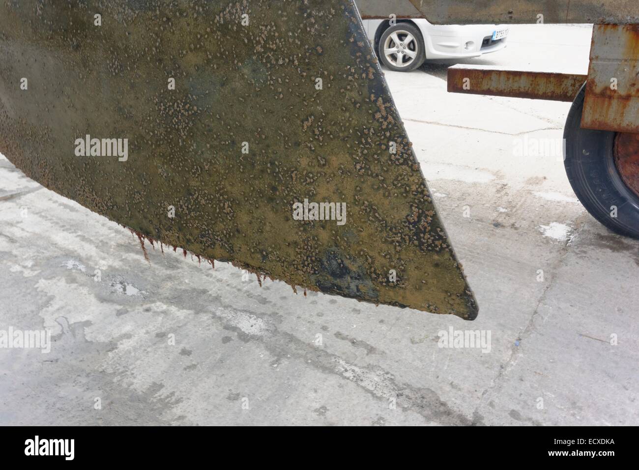 Fouling with barnacles and weed on the fin keel of a sailing boat