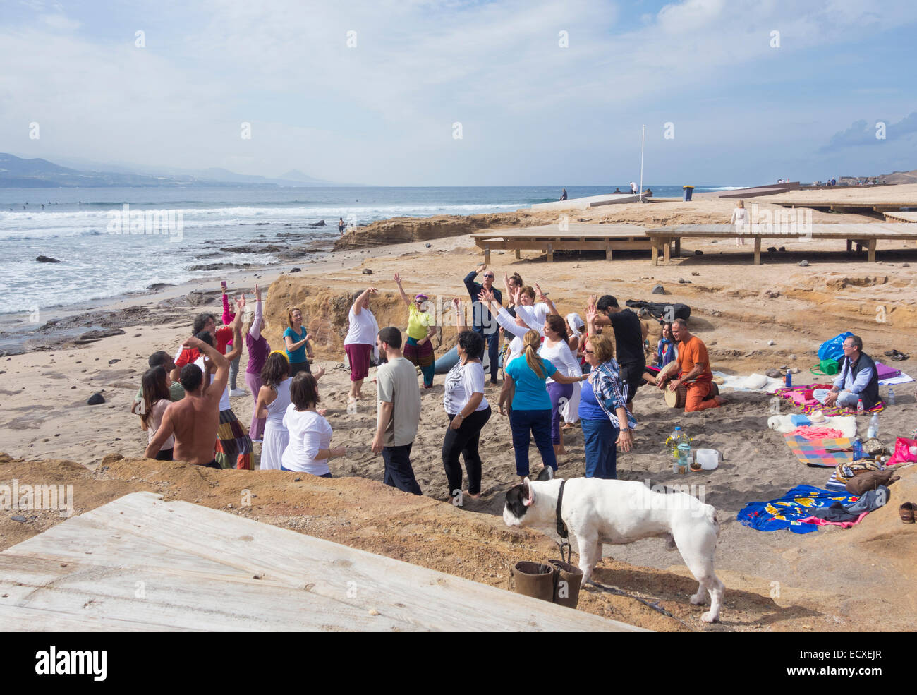 Winter Solstice celebrations on beach in Spain Stock Photo Alamy