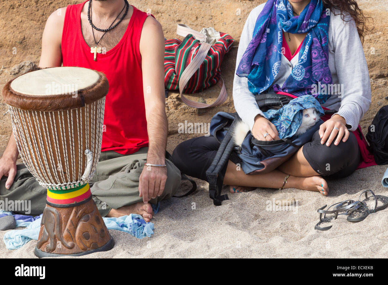 Winter Solstice celebrations on beach in Spain Stock Photo Alamy