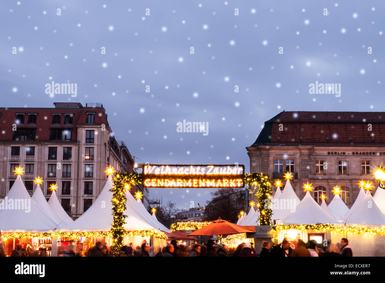 christmas market on gendarmenmarkt in berlin with snowflakes Stock Photo