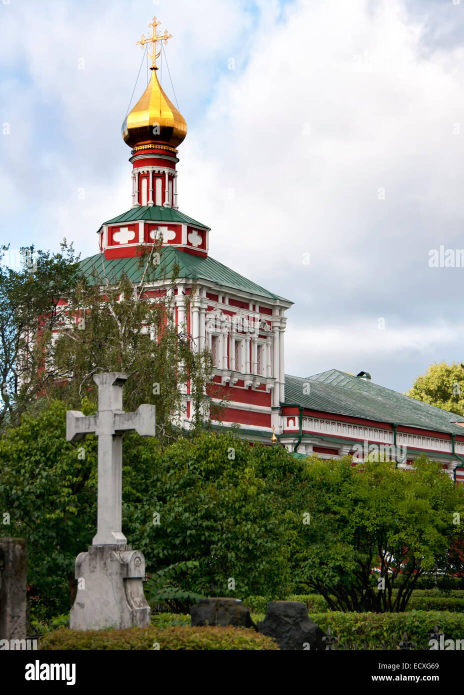 Tower of one of the Novodevichy churches as seen from the Novodevichy cemetery. Stock Photo