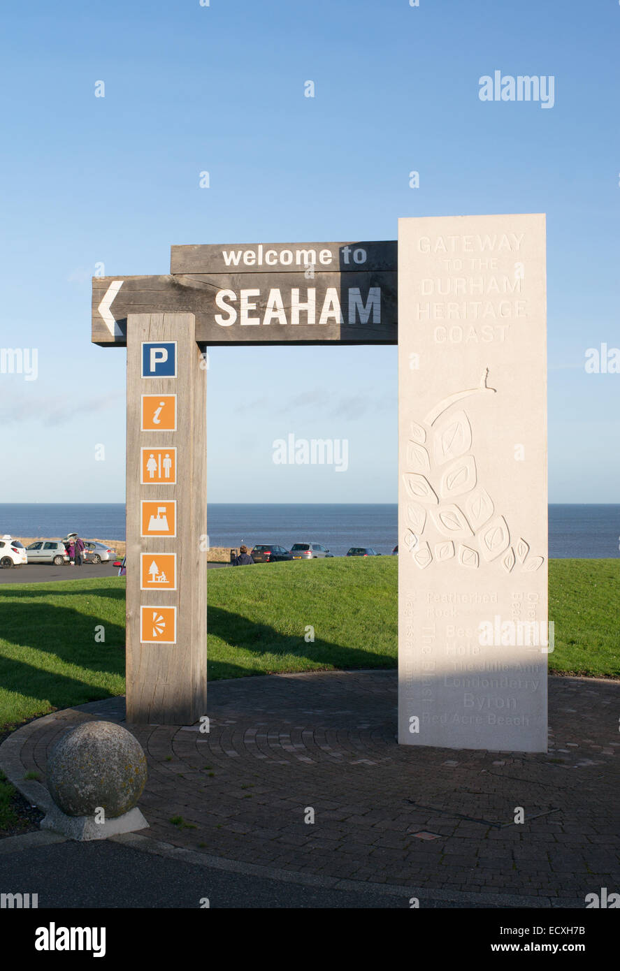 Welcome to Seaham sign, County Durham, England, UK Stock Photo