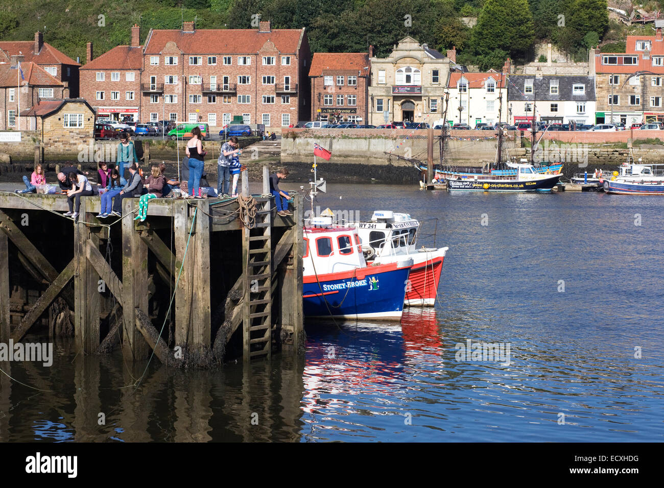 Crab fishing in Whitby harbour. Stock Photo