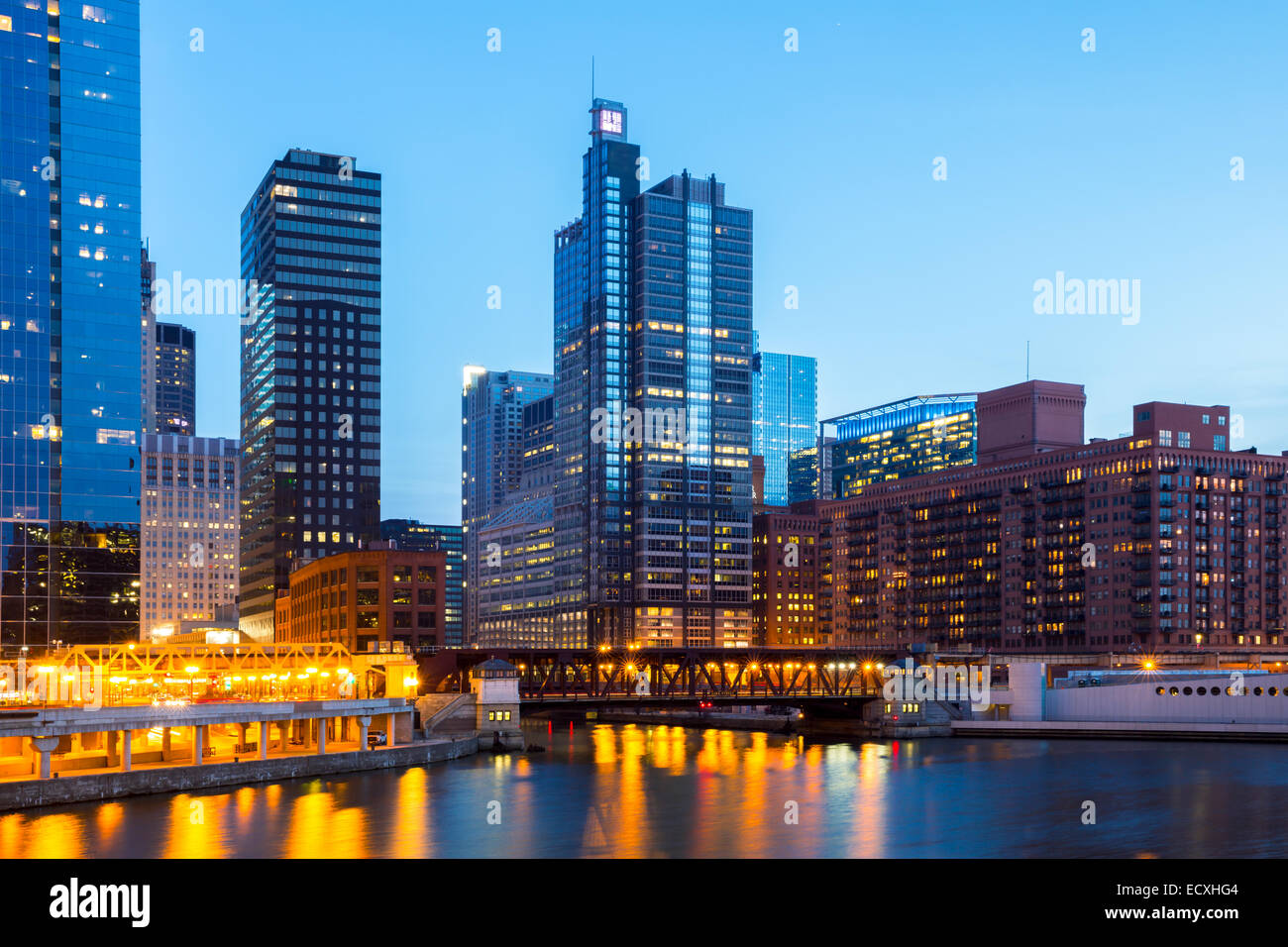 City of Chicago downtown and River with bridges at dusk Stock Photo - Alamy