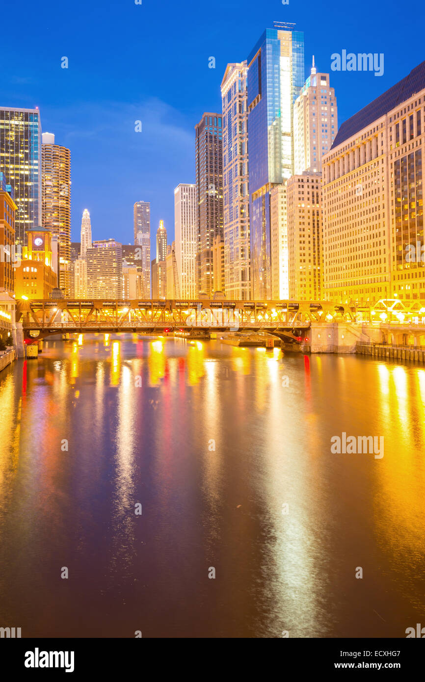 City of Chicago downtown and River with bridges at dusk Stock Photo - Alamy