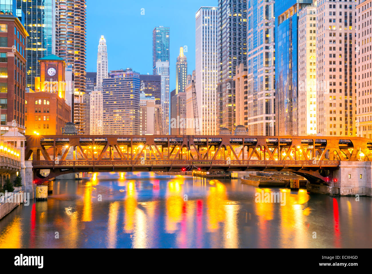 City of Chicago downtown and River with bridges at dusk Stock Photo - Alamy