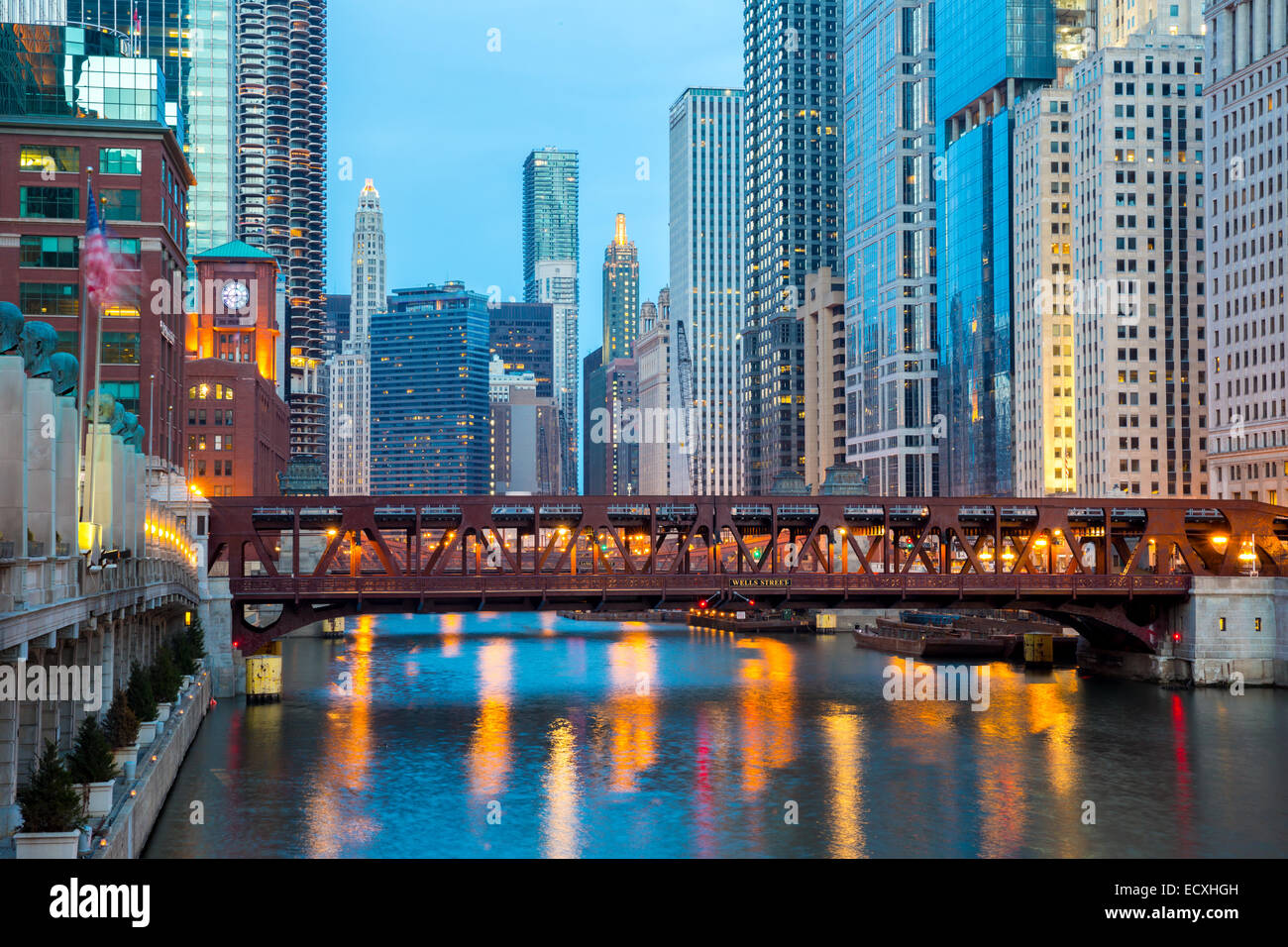 City of Chicago downtown and River with bridges at dusk Stock Photo - Alamy