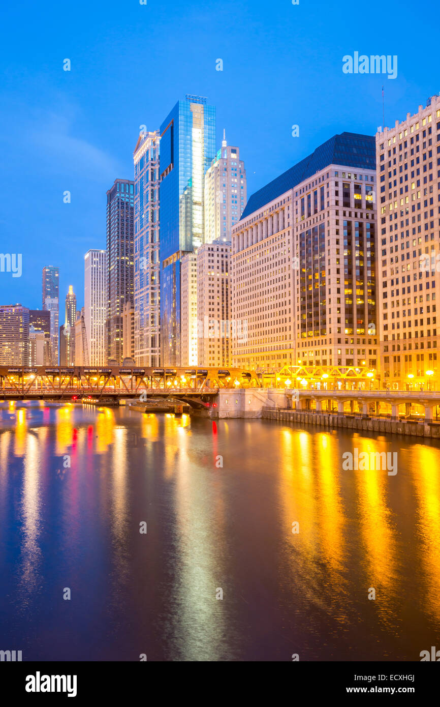 City of Chicago downtown and River with bridges at dusk Stock Photo - Alamy