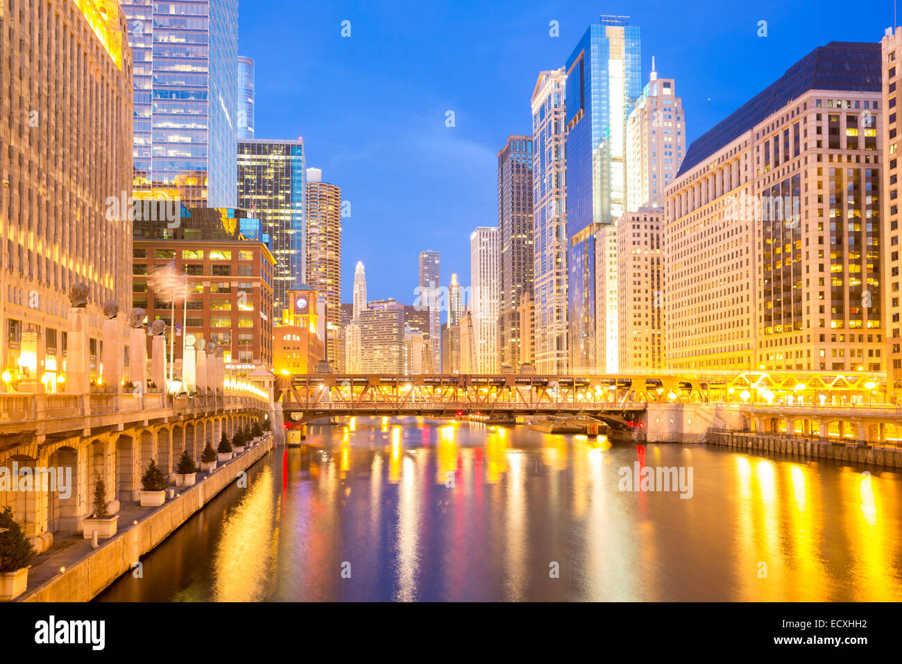 City of Chicago downtown and River with bridges at dusk Stock Photo - Alamy
