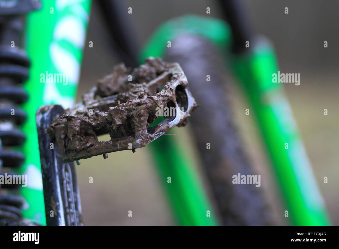 A mud crusted pedal on a Mountain Bike Stock Photo