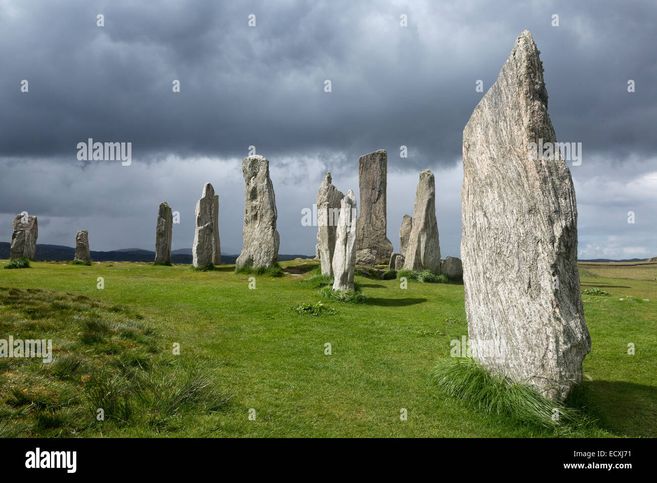Megalithic stone circle of 3000 bc on the Isle of Lewis and Harris, Outer Hebrides, Scotland in evening light Stock Photo