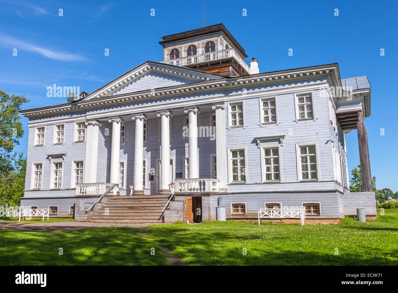 Rozhdestveno, Russia - July 7, 2014: The Rozhdestveno Memorial Estate. Facade of museum in Leningrad Oblast, Russian Federation. Stock Photo
