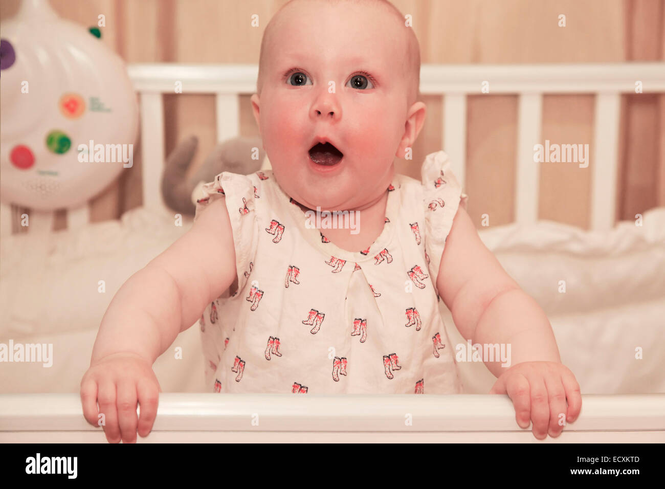 Little girl in a baby cot Stock Photo Alamy