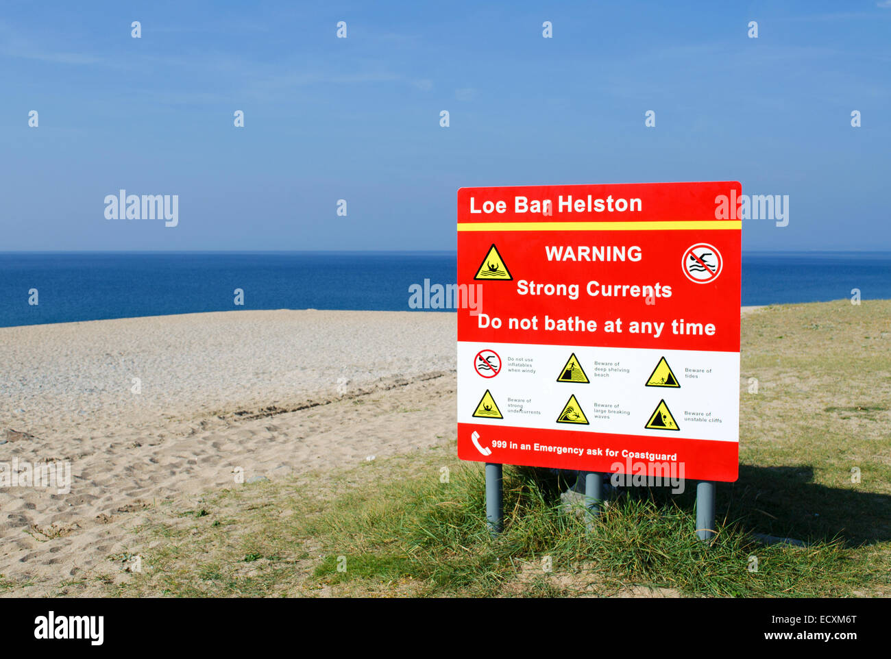 Warning sign at Loe Bar near Helston in Cornwall, Uk Stock Photo
