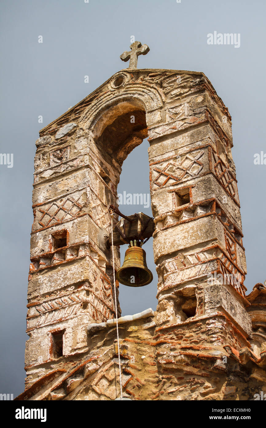 The belltower of the Byzantine church of Metamorphosis Sotiros, 13th century, at Laggada village. Messenia, Peloponnese, Greece Stock Photo