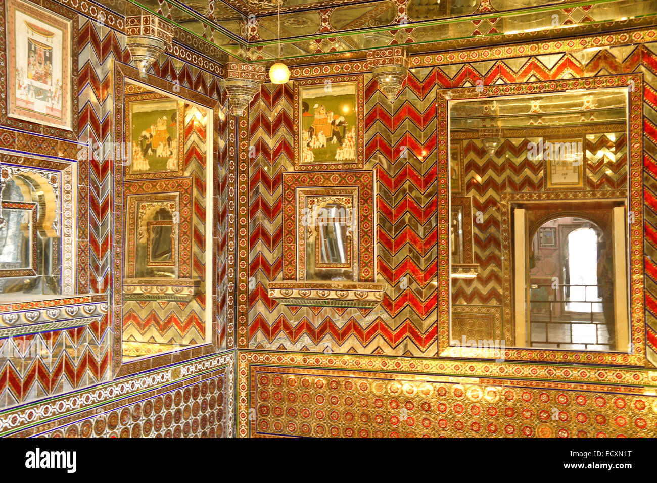 Very colorful room in the maharaja's City Palace, Udaipur, Rajasthan, India Stock Photo