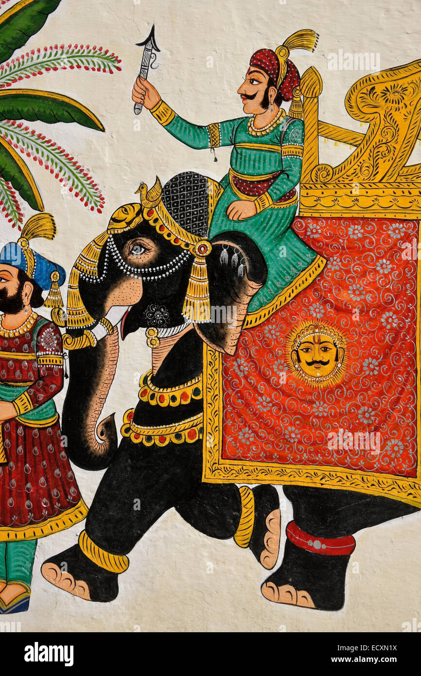 Colorful Mughal painting on maharaja's City Palace, Udaipur, Rajasthan, India Stock Photo