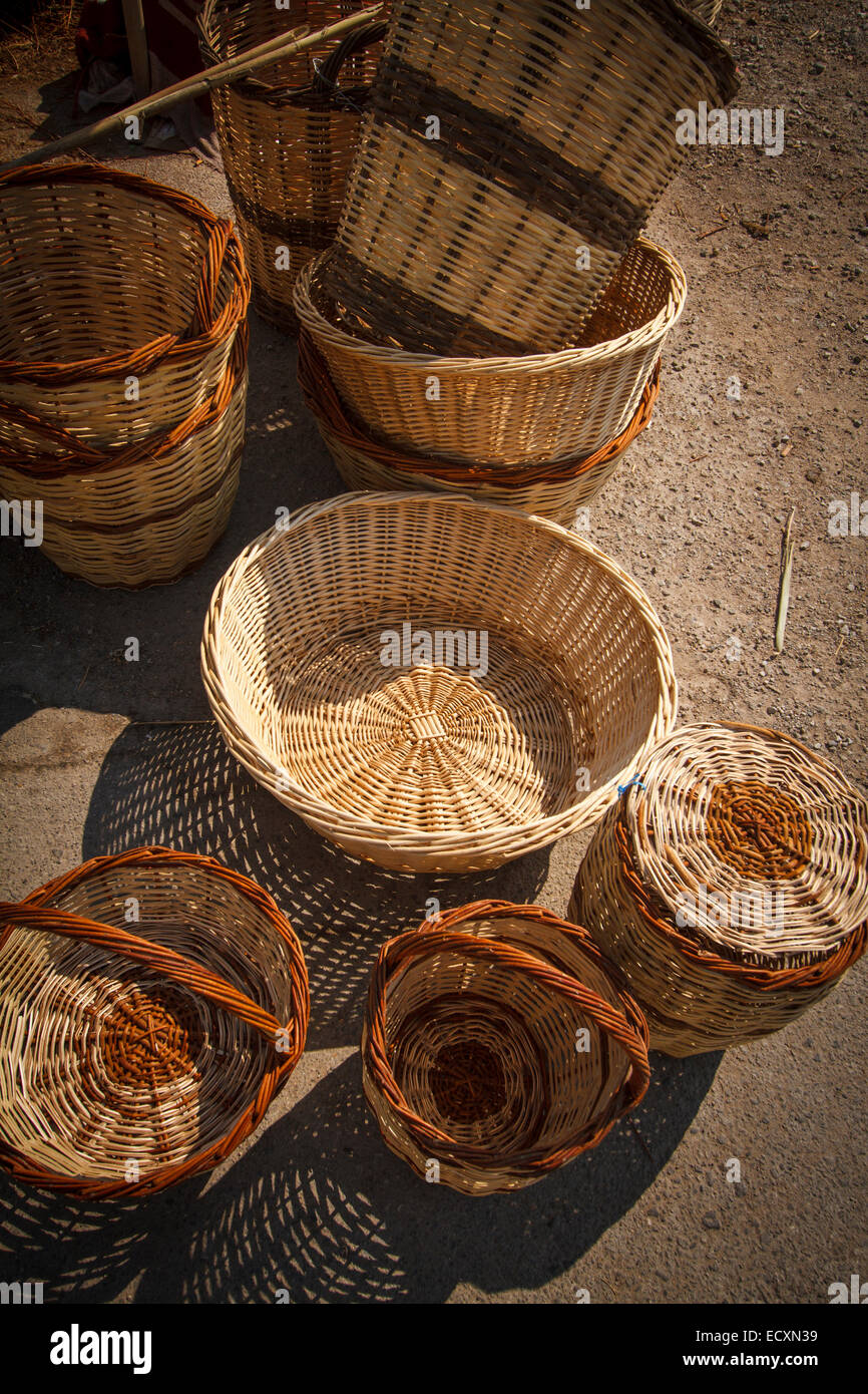 Baskets for sale at Aghios Nikolaos village. Messenia, Peloponnese, Greece Stock Photo