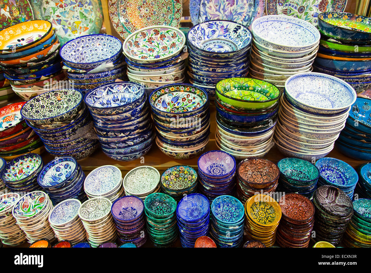 Turkish Ceramic Plates in Spice Bazaar, Istanbul City, Turkey Stock