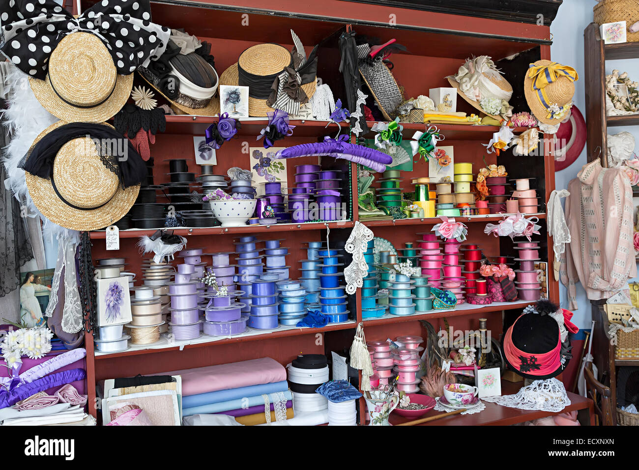 Ribbons and haberdashery on sale in shop, Blists Hill Victorian town