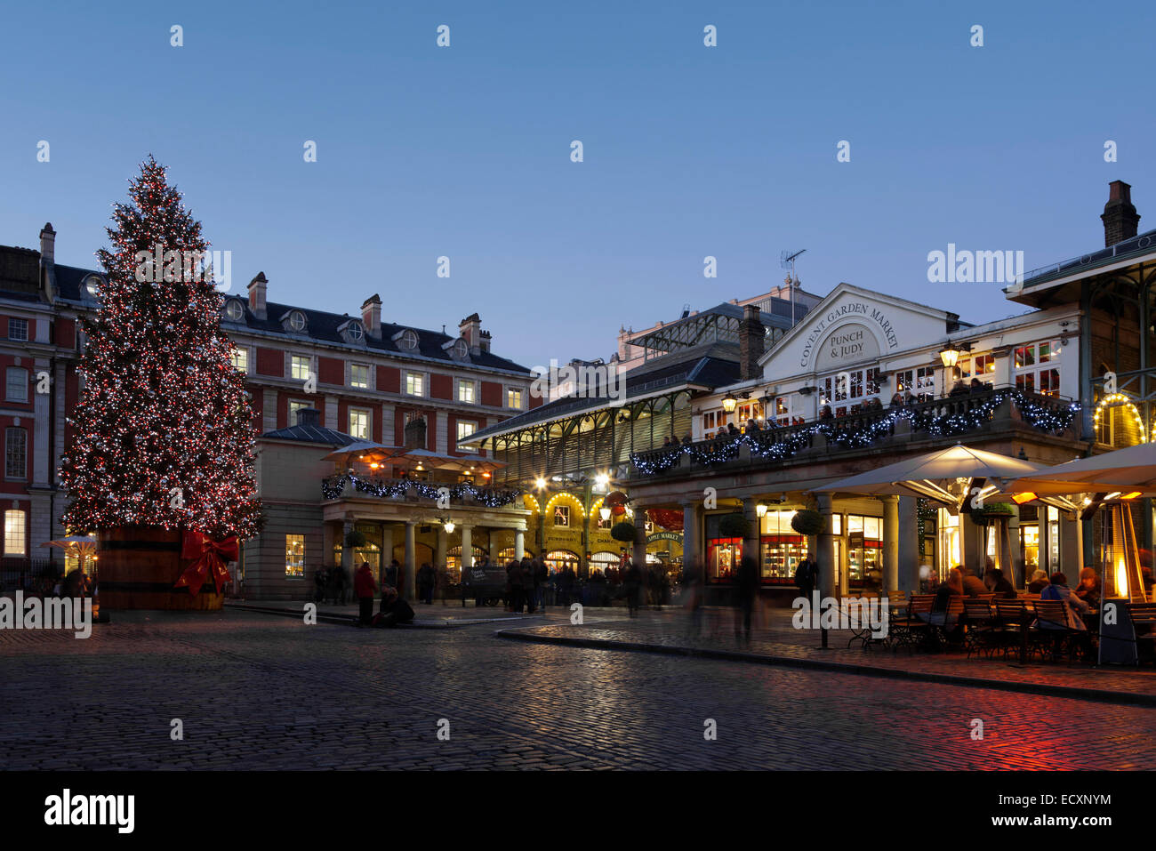Covent Garden Piazza with Christmas tree at dusk, London, England