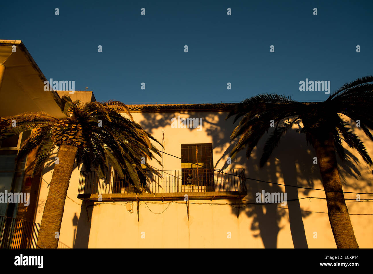 Buildings and palm trees in Ronda, Spain at sun set Stock Photo